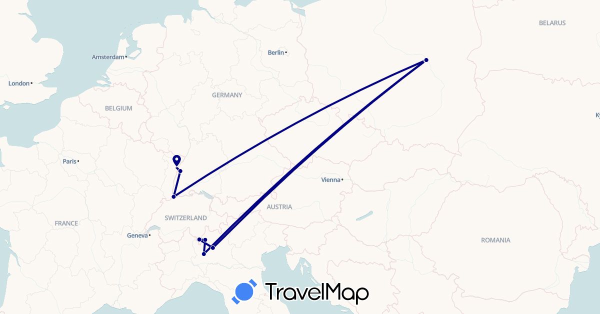 TravelMap itinerary: driving in Switzerland, Germany, France, Italy, Poland (Europe)